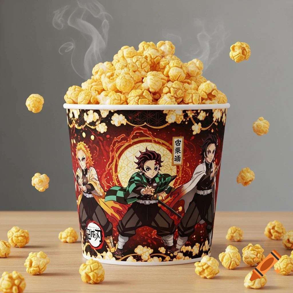 A Demon Slayer-themed popcorn bucket overflowing with popcorn, with some kernels scattered on a wooden surface.