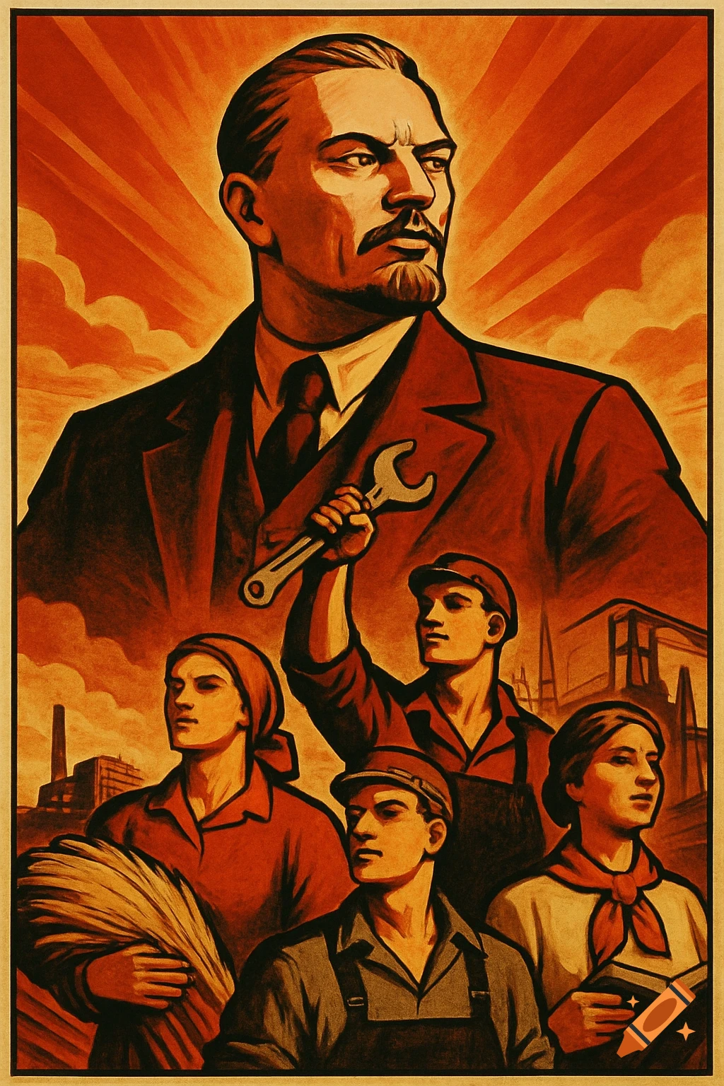 A Soviet-style propaganda poster featuring Vladimir Lenin overlooking workers holding a wrench, wheat, and a book, with industrial buildings in the background.