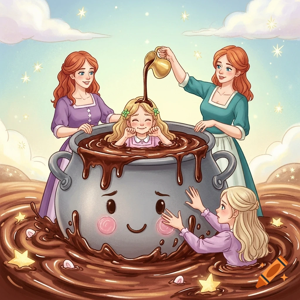 A whimsical illustration shows a happy blonde child bathing in a large pot of chocolate, while an adult woman pours more chocolate on her head. Another adult woman watches, and a blonde child reaches out from a chocolate puddle around the pot.