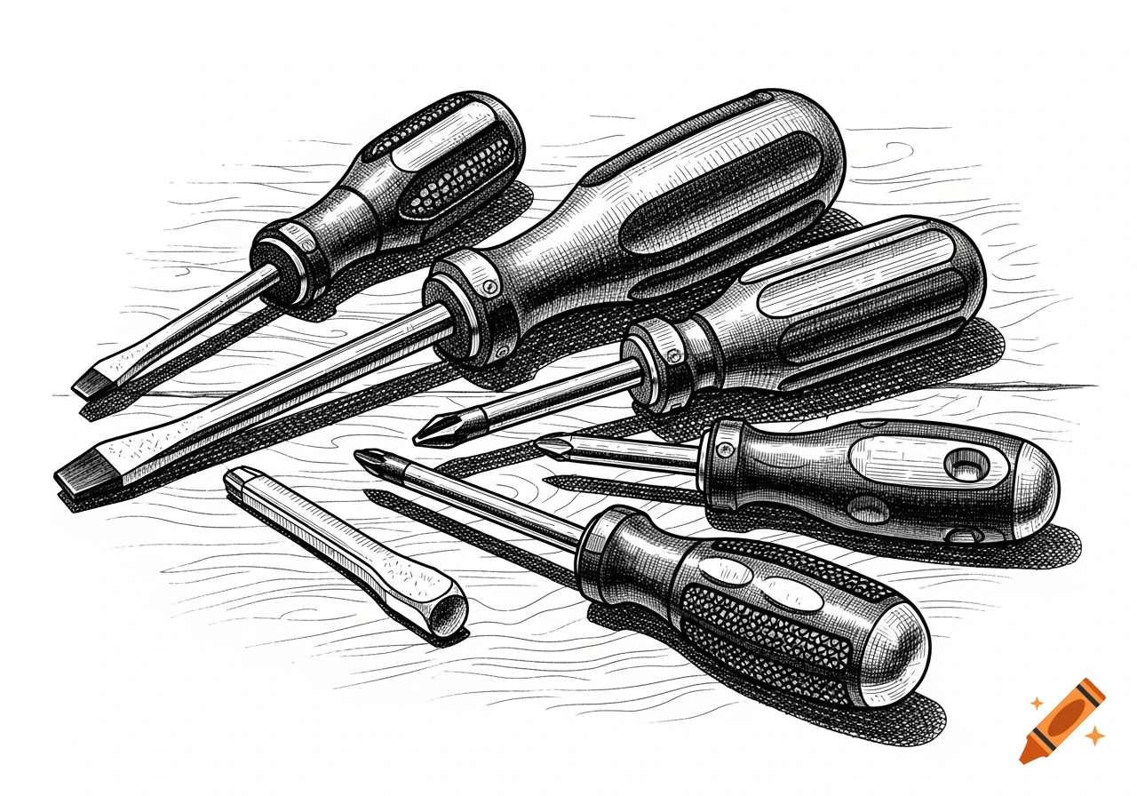 Black and white etching of several screwdrivers of various types laid out on a surface.