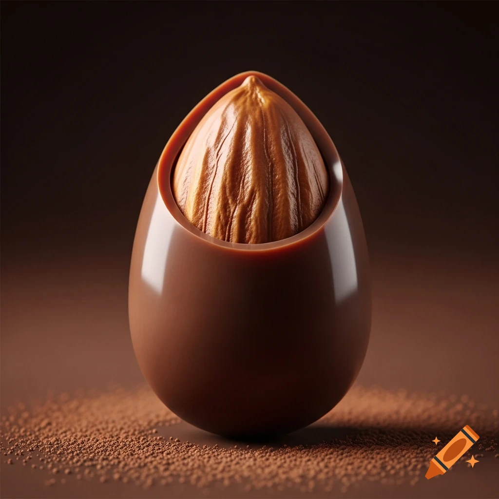 A photorealistic close-up of a single hazelnut partially encased in a smooth, dark chocolate shell, on a chocolate-dusted surface.