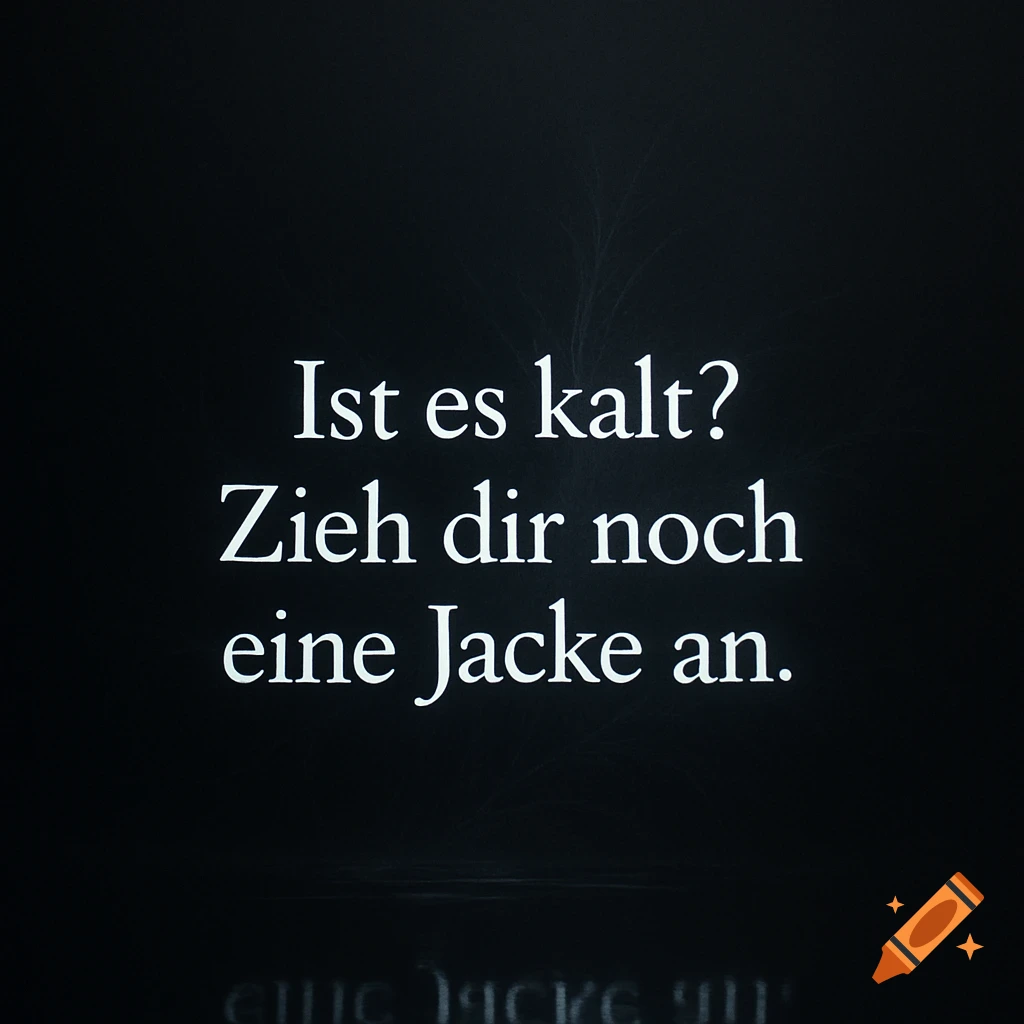 White German text on a black background reads 'Ist es kalt? Zieh dir noch eine Jacke an.' (Is it cold? Put on another jacket.)
