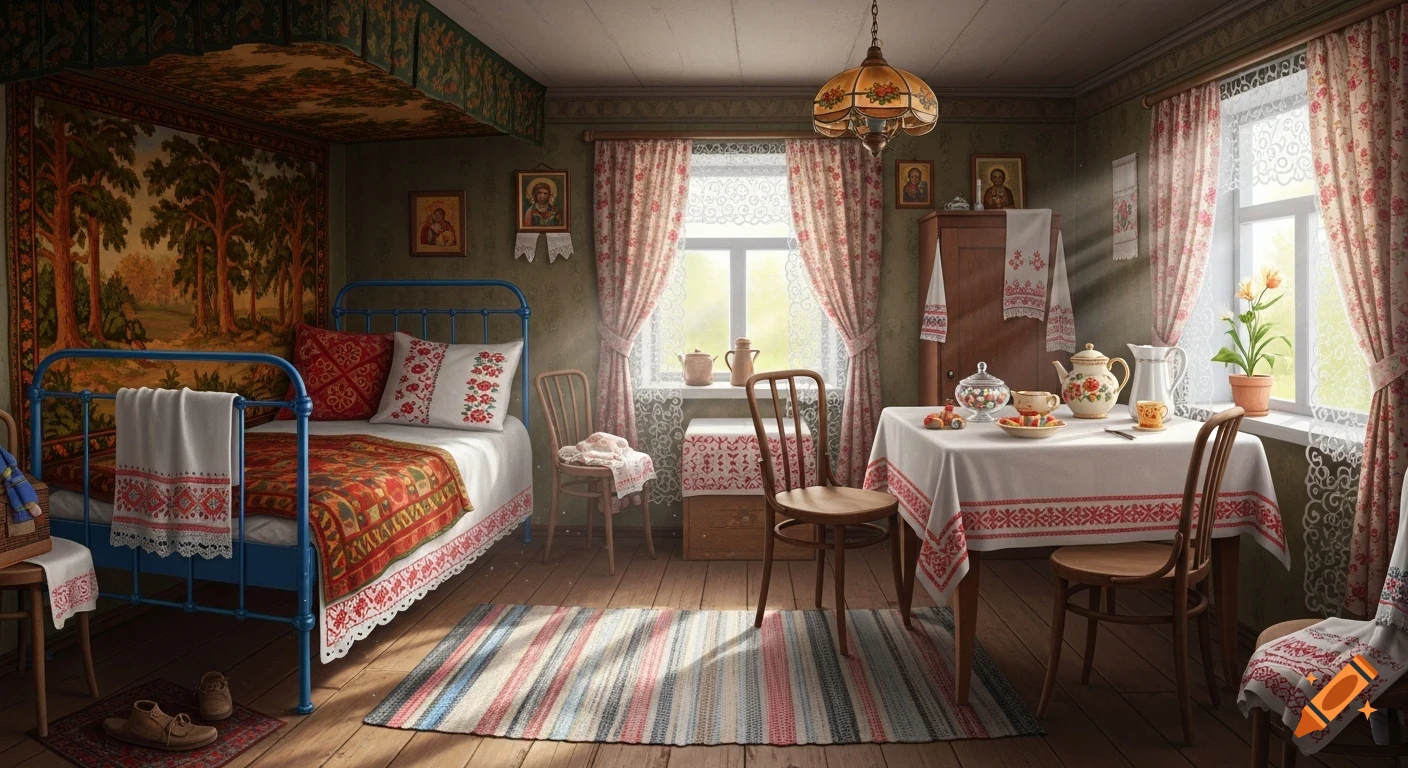 A cozy, photorealistic traditional Russian village room interior with a blue bed, forest tapestry, embroidered linens, wooden table, and soft morning light.