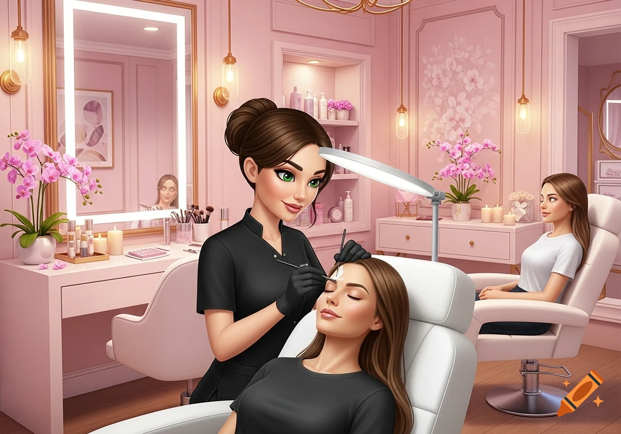 Animated lash technician working on a client in a pink glam room, with another client seated nearby.
