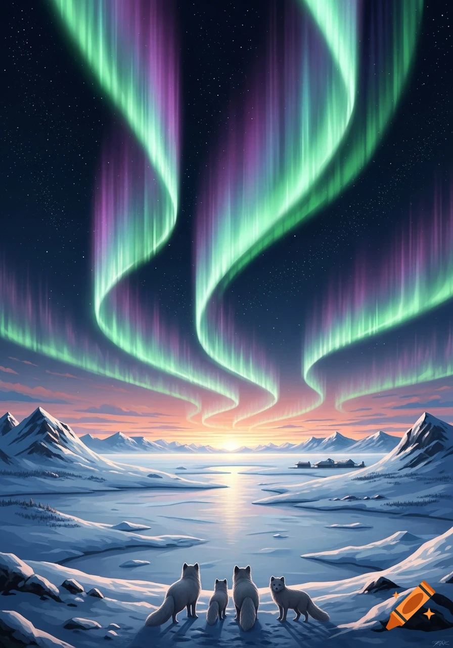 Four arctic foxes gaze at a vibrant green and purple aurora borealis over a snowy mountain landscape and frozen lake at dawn, digital art.