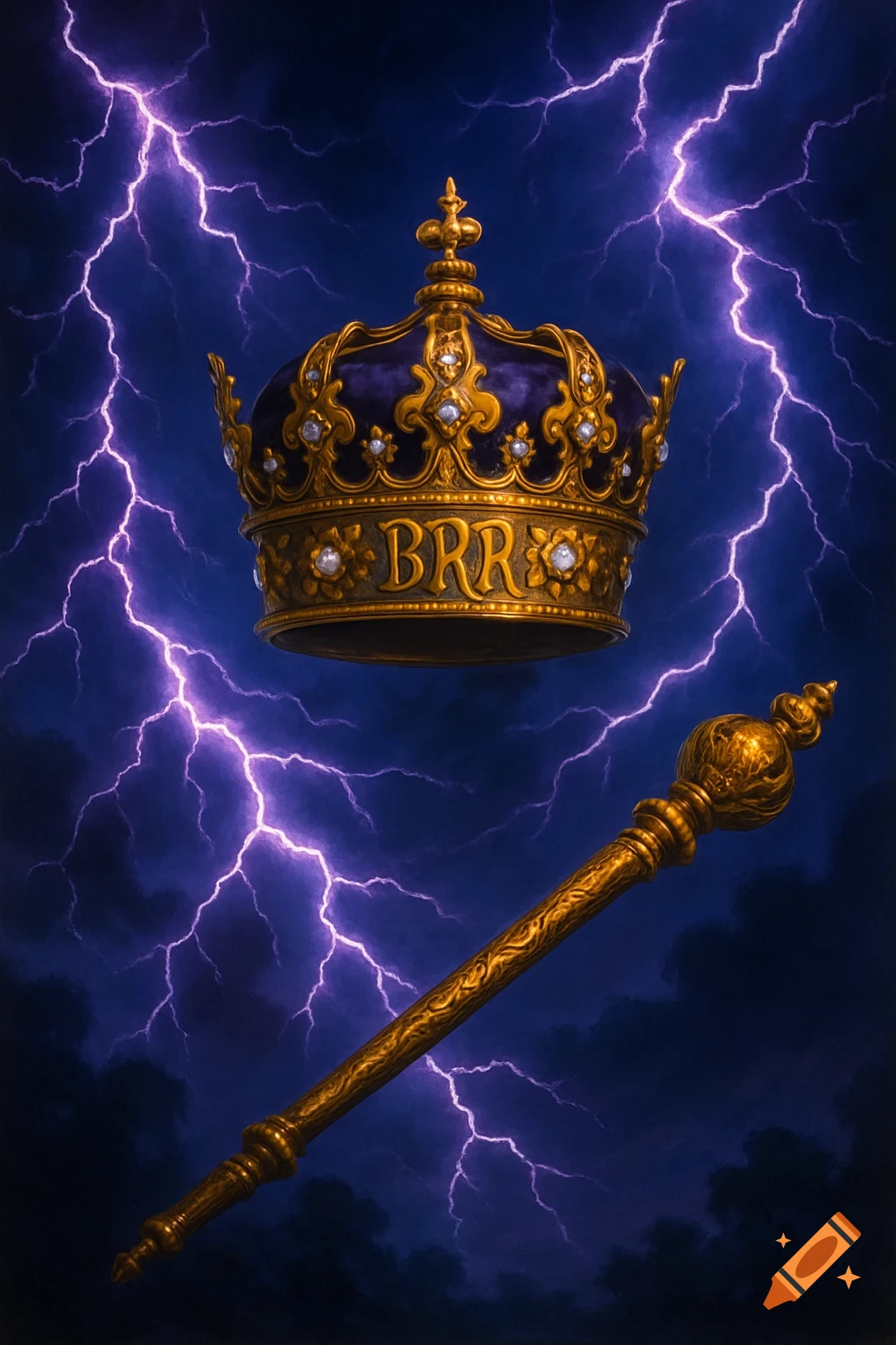 A gold and purple royal crown with 'BRR' on it and a golden scepter against a dark sky with purple lightning.