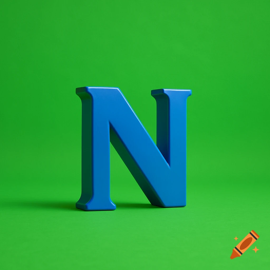 A large, three-dimensional blue letter 'N' stands upright on a vibrant green background, casting a subtle shadow.