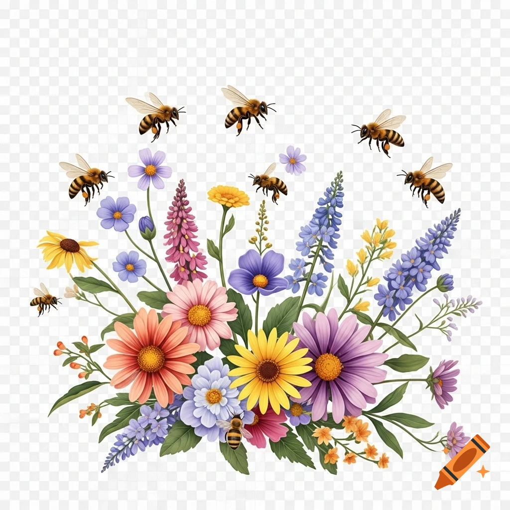 An illustration of a vibrant bouquet of wildflowers in various colors with several bees flying around them, on a transparent background.