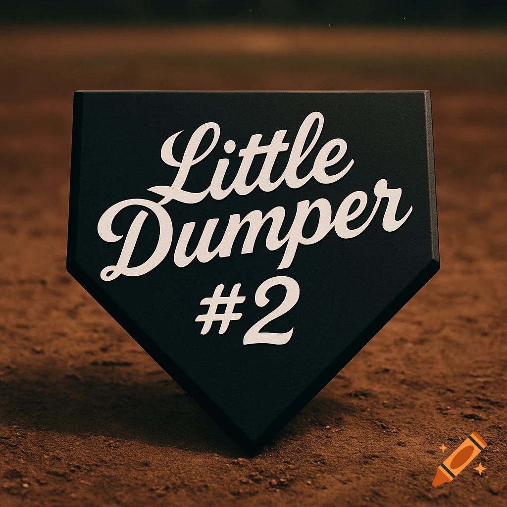 A black baseball home plate with "Little Dumper #2" in white cursive font, resting on a dirt field.