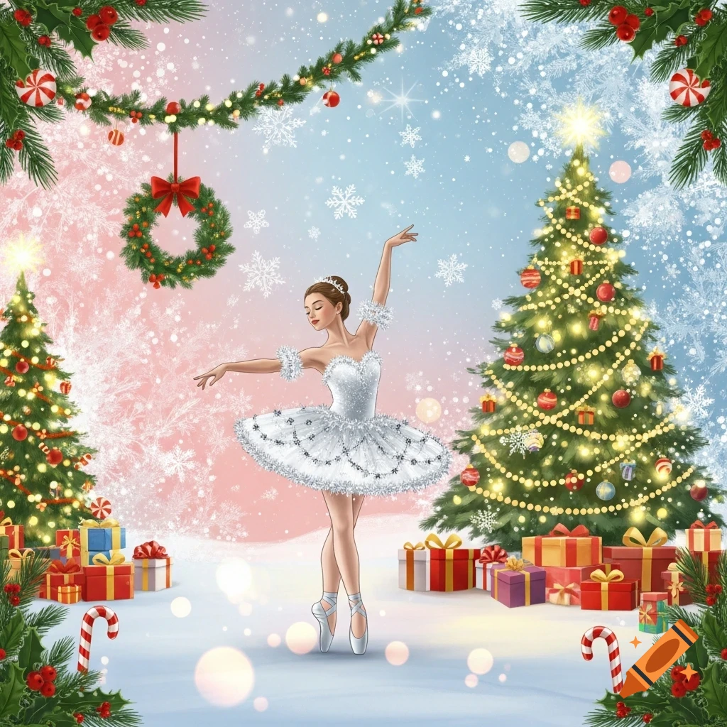 An illustration of a ballerina in a white tutu dancing en pointe in a snowy Christmas scene with decorated trees, presents, and festive garlands.