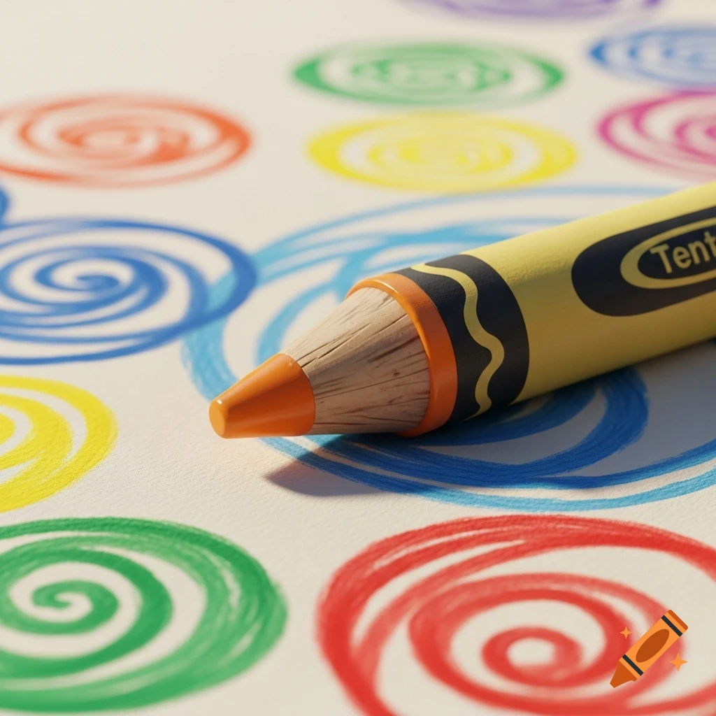 A yellow crayon with an orange tip lies on white paper covered in colorful spiral drawings.