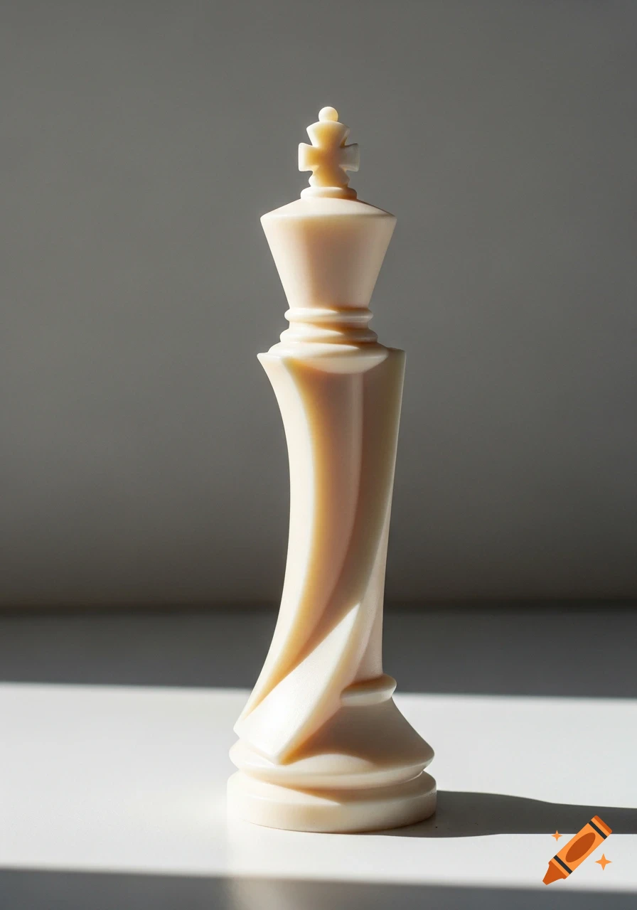 An elegant, pale, abstract chess king piece with a twisted design, cast in strong light on a white surface.