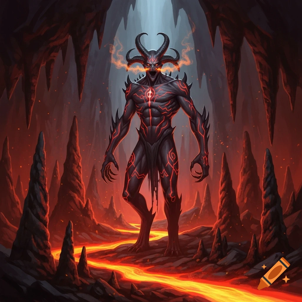 A dark, horned demon with glowing red markings on its body stands in a fiery cavern with a river of lava.