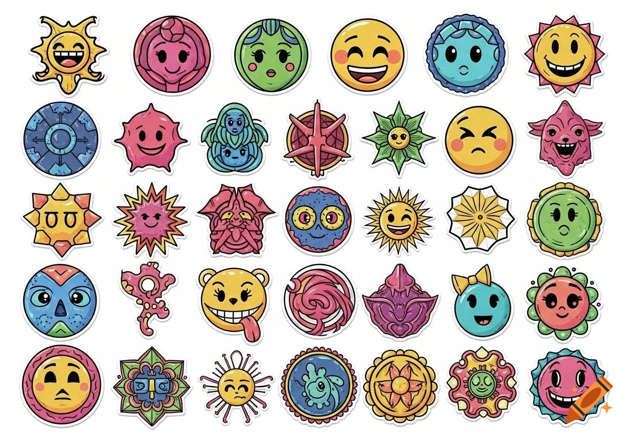 A grid of colorful, cartoonish stickers featuring various characters, faces, and abstract designs with a range of expressions.