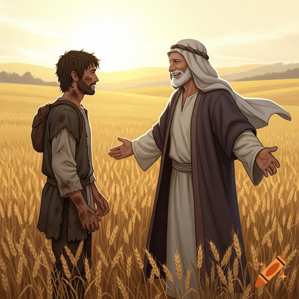 A stylized biblical illustration of an old man with a beard embracing a younger, disheveled man in a golden wheat field at sunset.