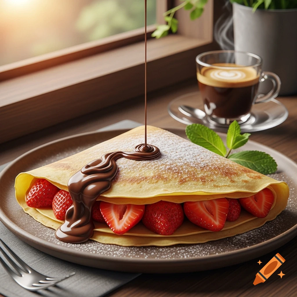 Photorealistic image of a golden crepe filled with strawberries, topped with powdered sugar and rich chocolate sauce, with a coffee in the background.