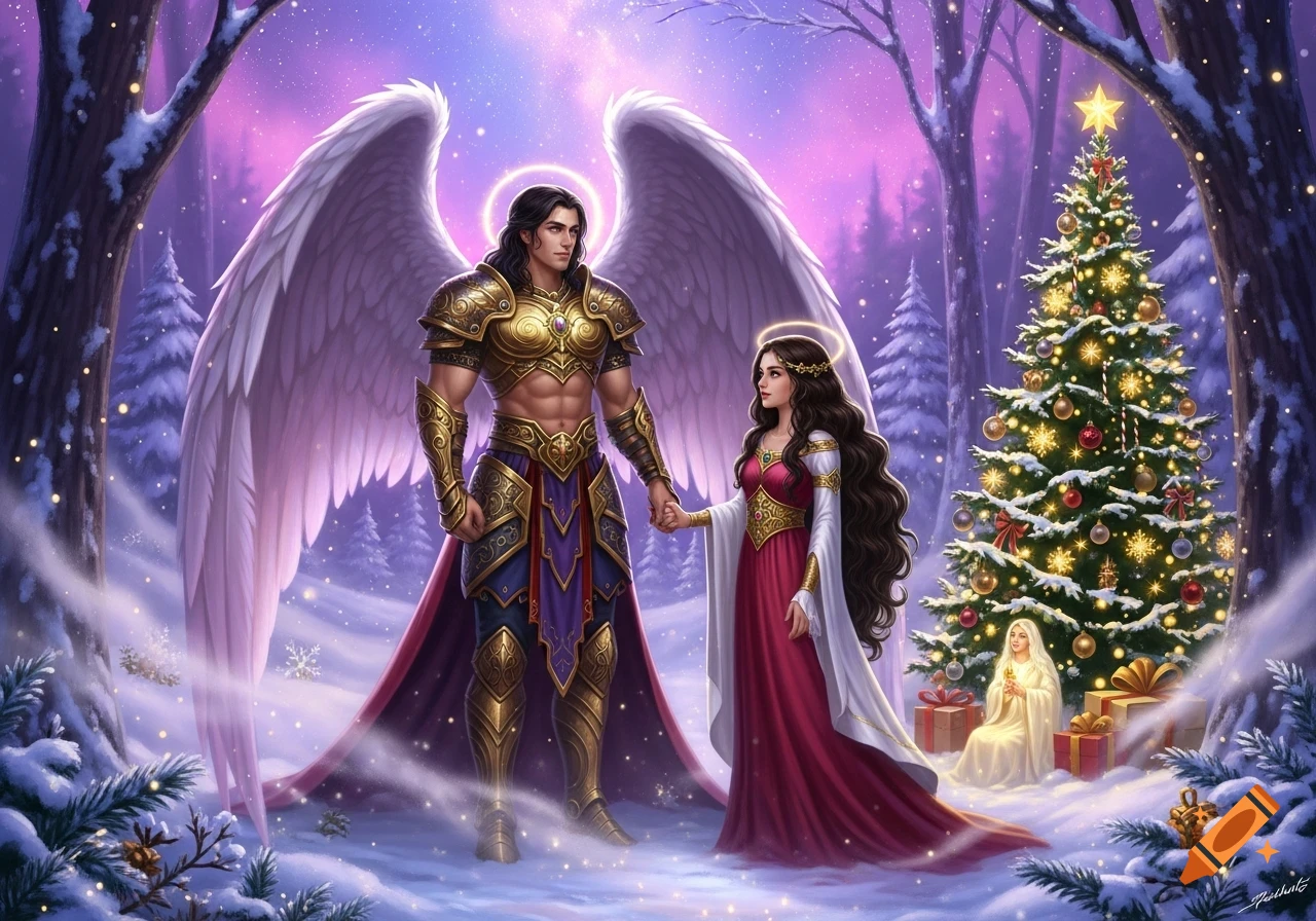 A muscular male angel in gold armor holding hands with a petite woman in a red gown in a snowy forest with a Christmas tree.