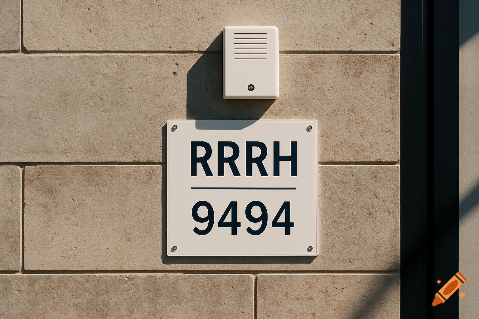 Photorealistic close-up of a modern Saudi Arabian house exterior wall with 'RRRH 9494' on a white plate and an intercom, under strong sunlight.
