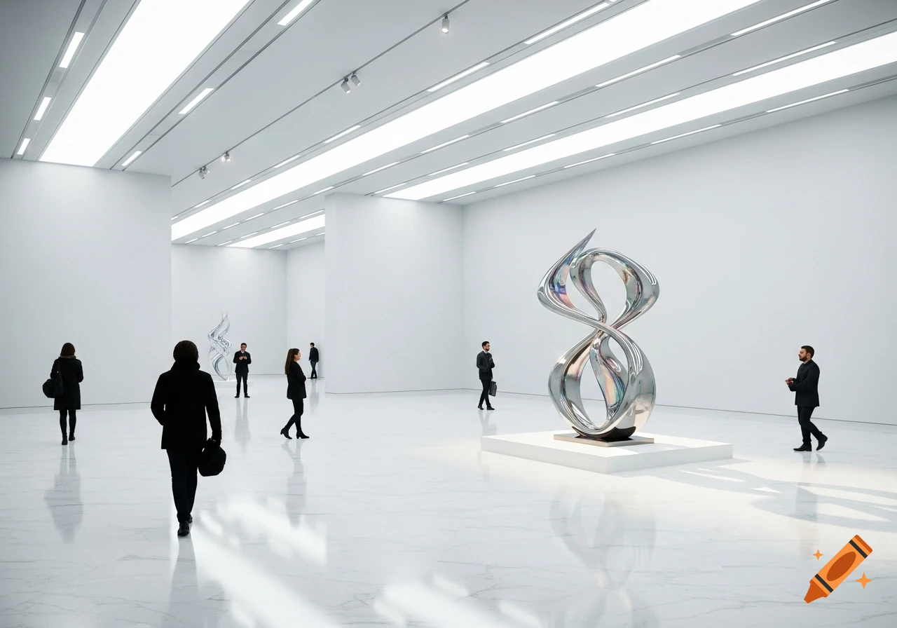 People viewing a large, reflective metallic sculpture in a modern, minimalist art gallery with white walls and bright lighting.