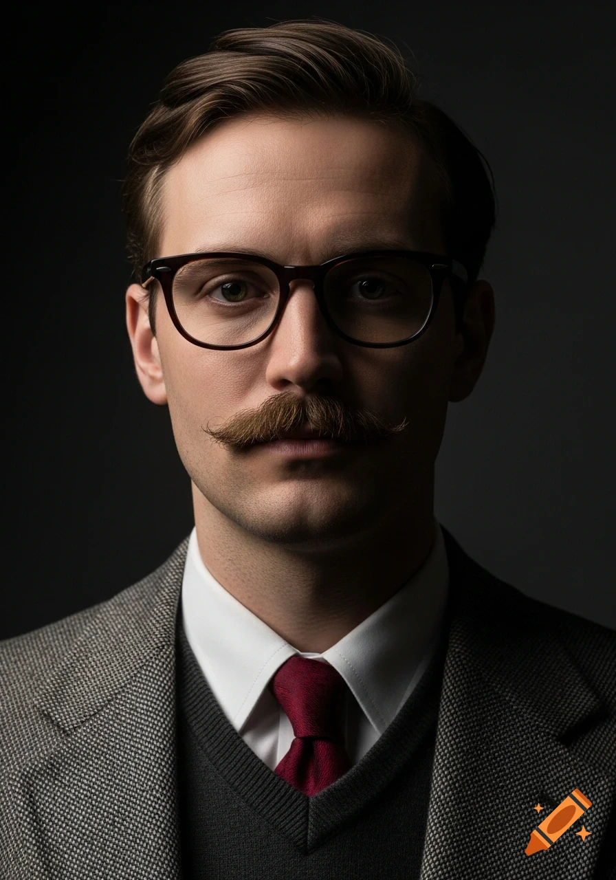 Close-up film noir portrait of a man with dark hair, a chevron mustache, and glasses, wearing a grey tweed jacket and red tie, lit dramatically.