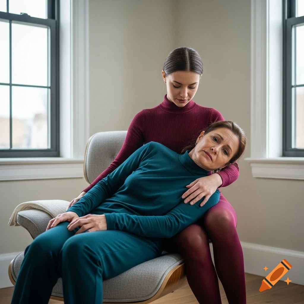 A young woman in a burgundy turtleneck and tights sits in a chair, holding an older woman in a teal outfit across her lap.
