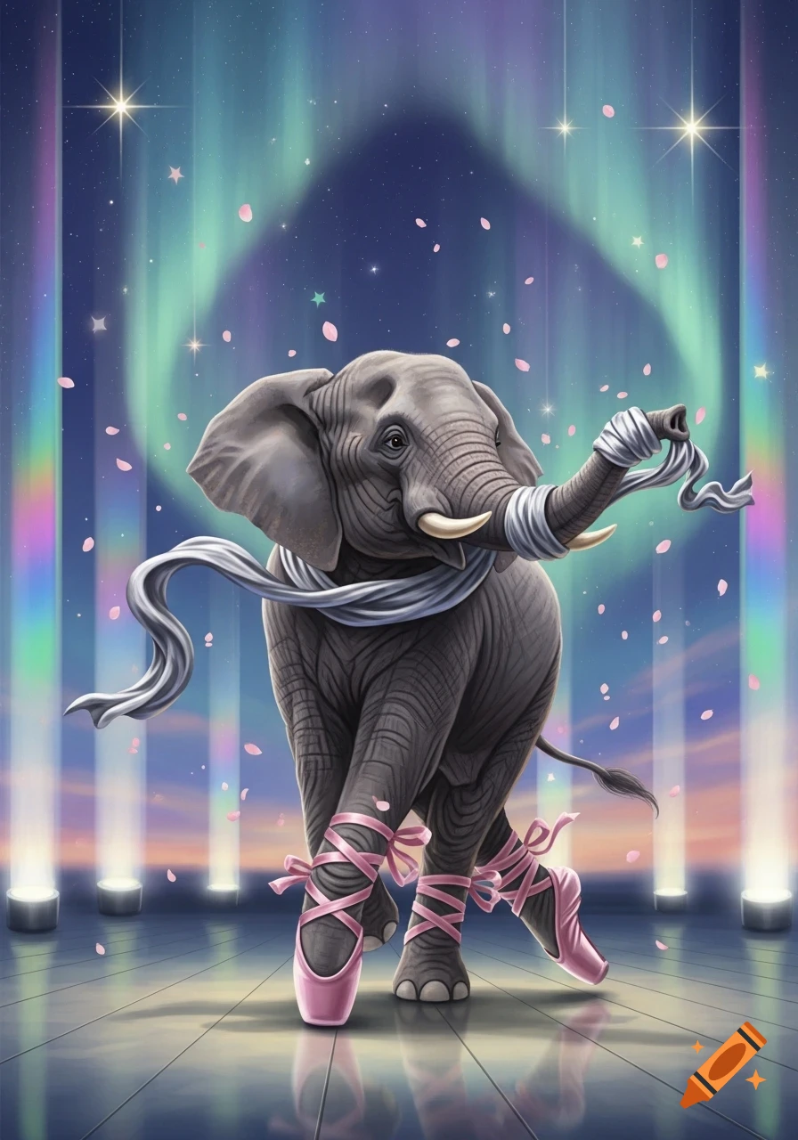 A gray elephant in pink ballet shoes and a white ribbon dances on a stage with northern lights and falling petals.
