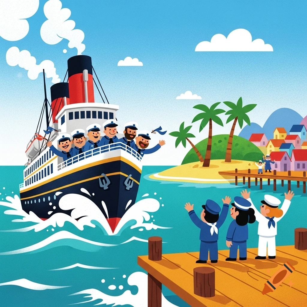 A colorful clip-art style illustration of a steamboat with sailors waving, approaching a tropical island with a village and palm trees. Three people wave from a wooden pier in the foreground.
