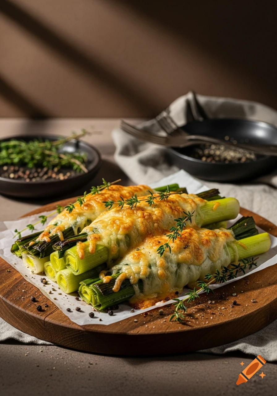 Photorealistic image of baked leeks covered in melted cheese, garnished with thyme, on a wooden board with scattered peppercorns.