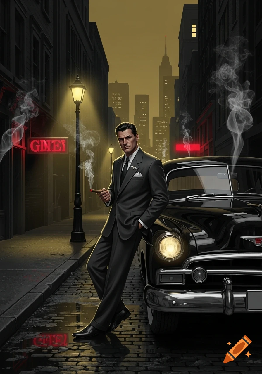 A stylized image of a man in a dark suit leaning on a vintage black car on a wet, cobblestone city street at night, smoking a cigar. Neon signs and city skyscrapers are in the background.