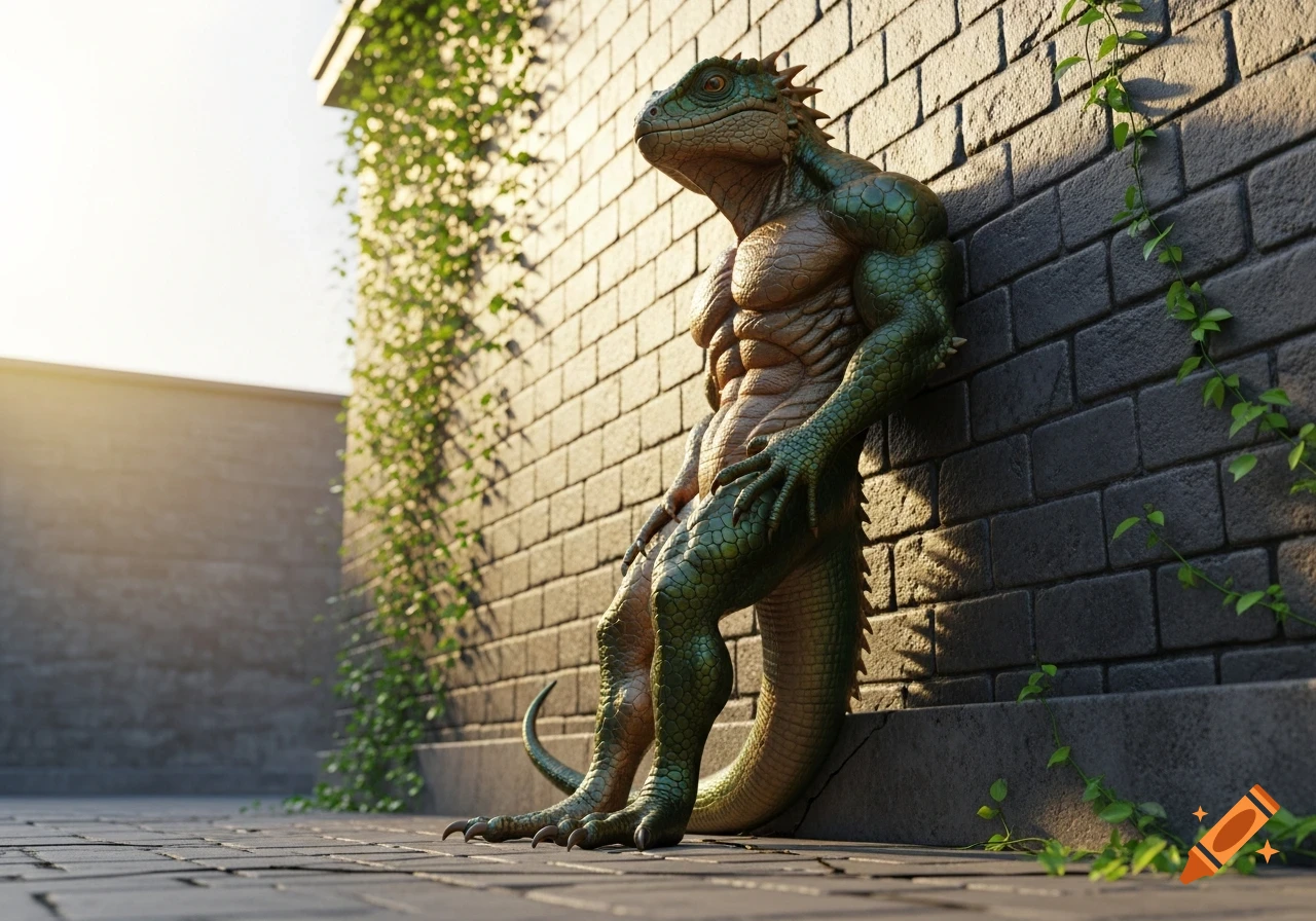 A muscular, green lizard-man leans against an ivy-covered brick wall under a sunny sky in a 3D render.