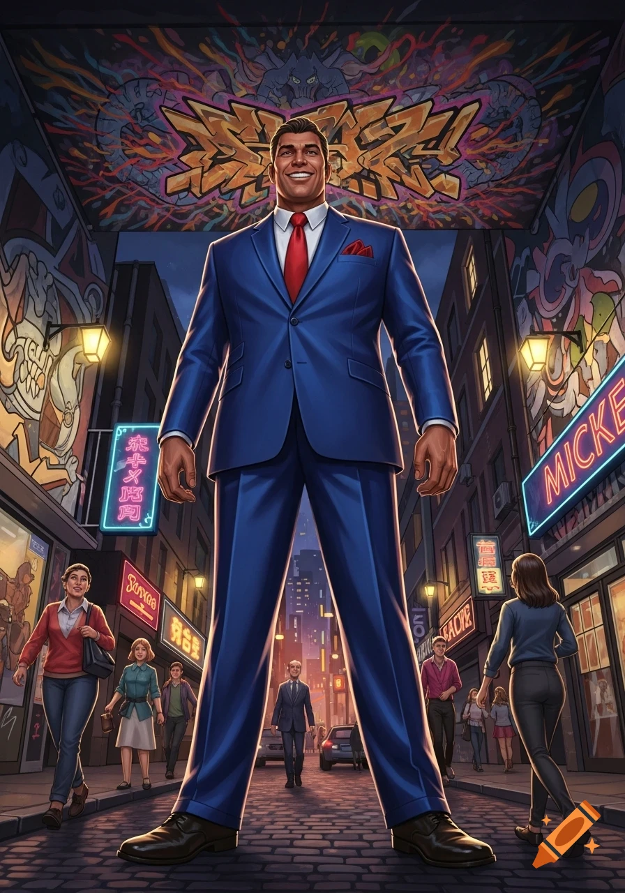 A giant man in a blue suit and red tie stands in a stylized city alley ...