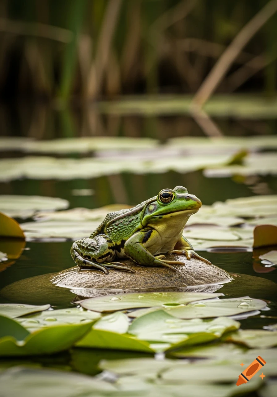 A green frog with black stripes sits on a brown stone in a pond surrounded by floating green lily pads, photorealistic.