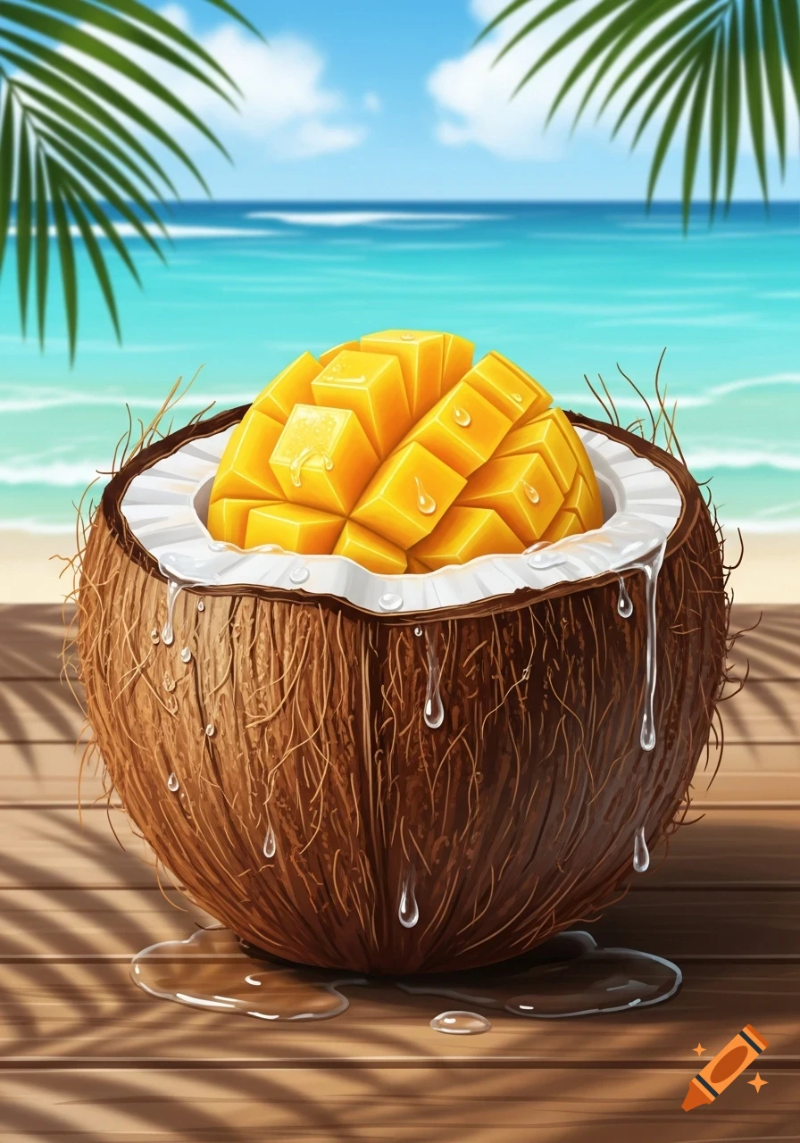 Cubed mango sits in a halved coconut on a wooden surface with palm leaves, a sandy beach, and a blue ocean in the background.
