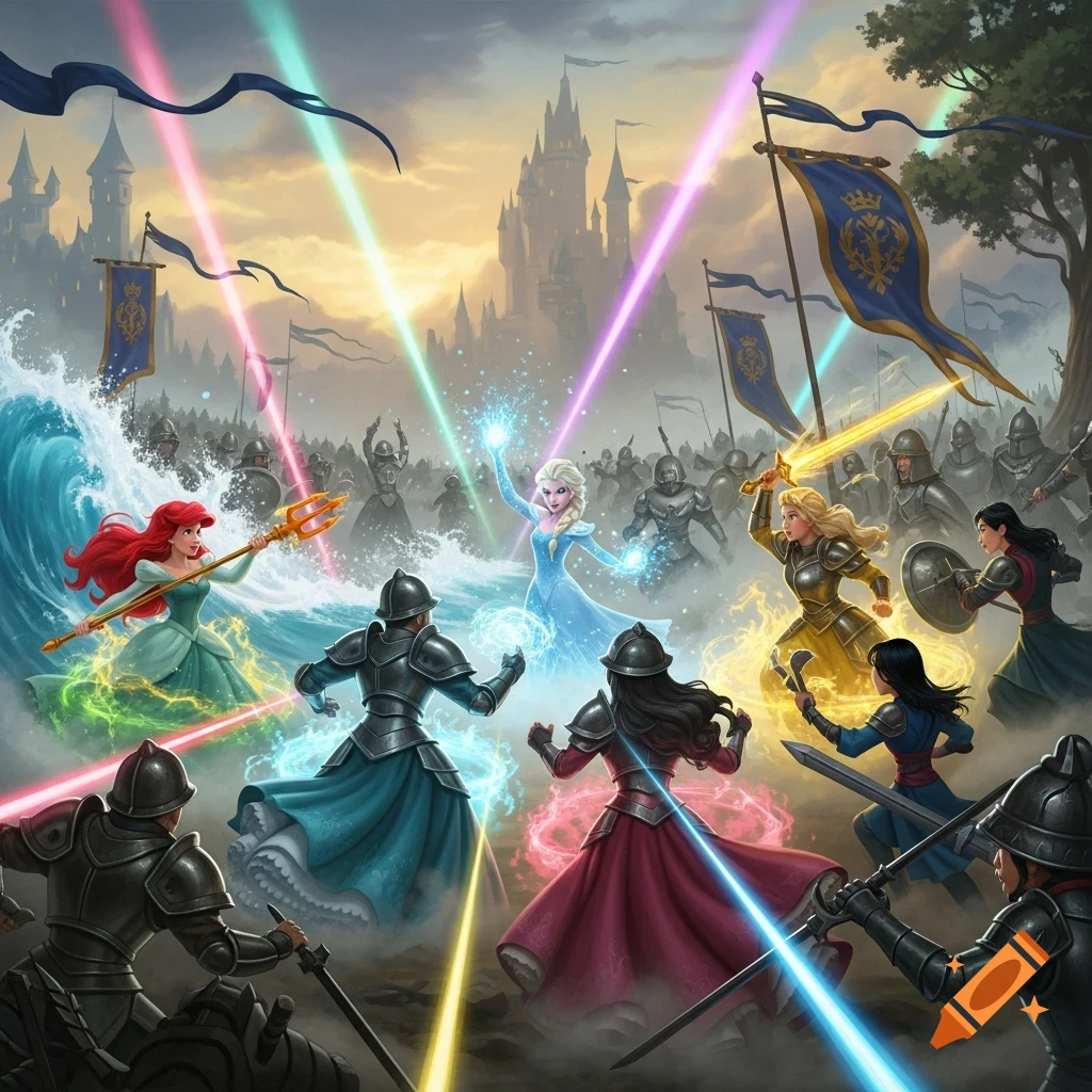 Dynamic fantasy art of Disney princesses Ariel, Elsa, and Rapunzel battling armored knights with magic and weapons before a grand castle.