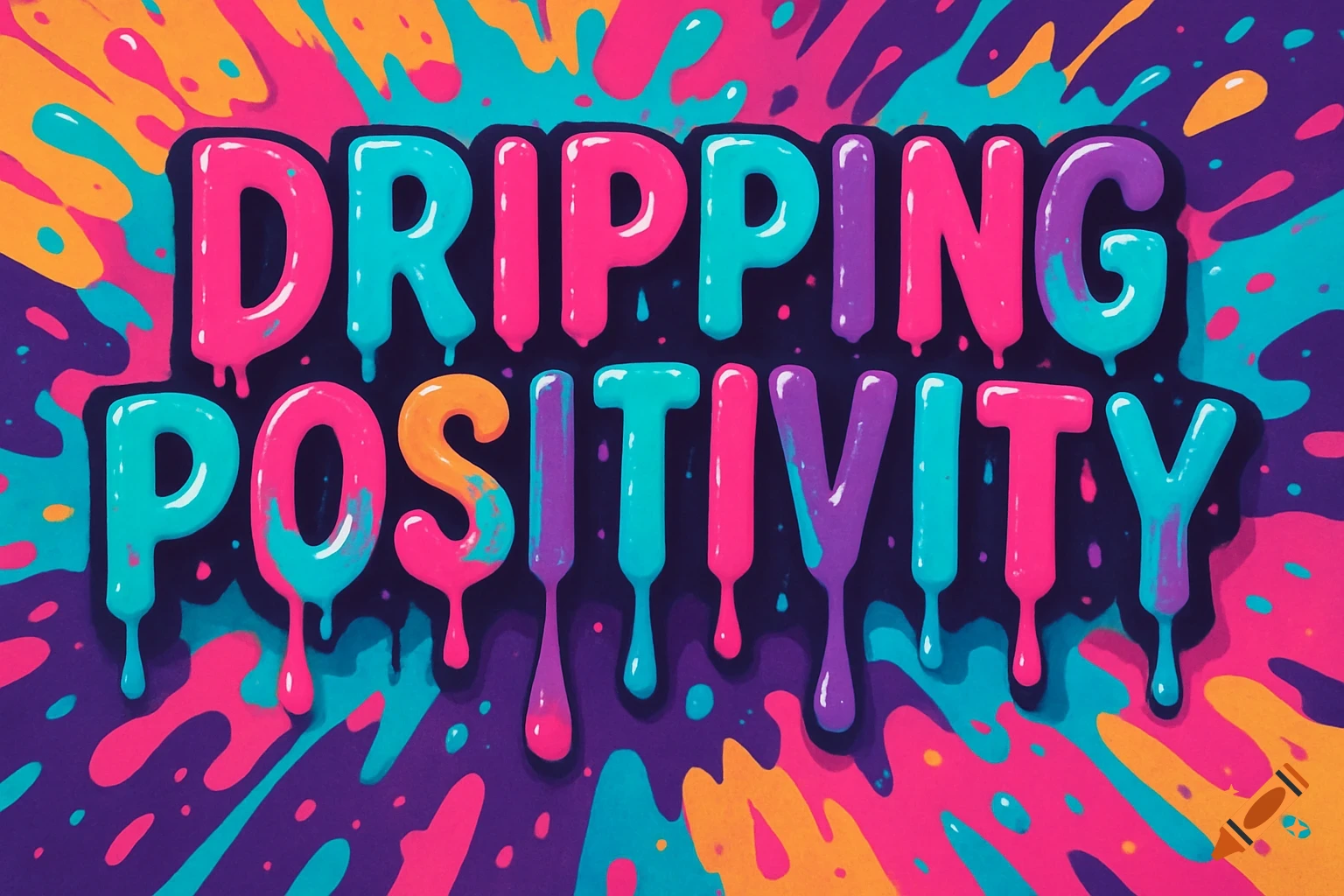 Colorful dripping letters spell 'Dripping Positivity' on a vibrant splatter background.