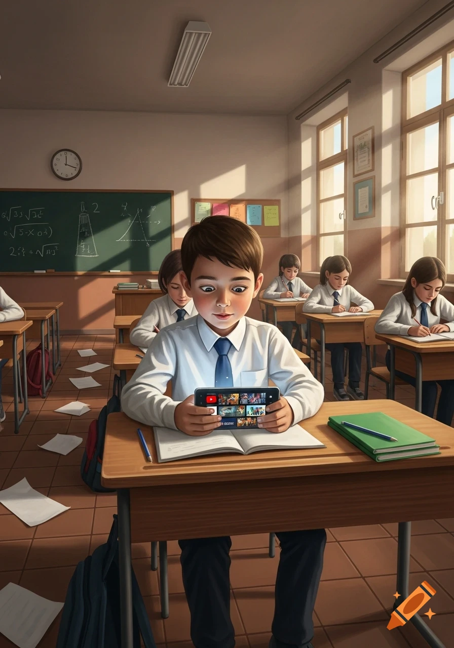 A boy in a school uniform secretly watches YouTube on his smartphone during class, while other students take notes.