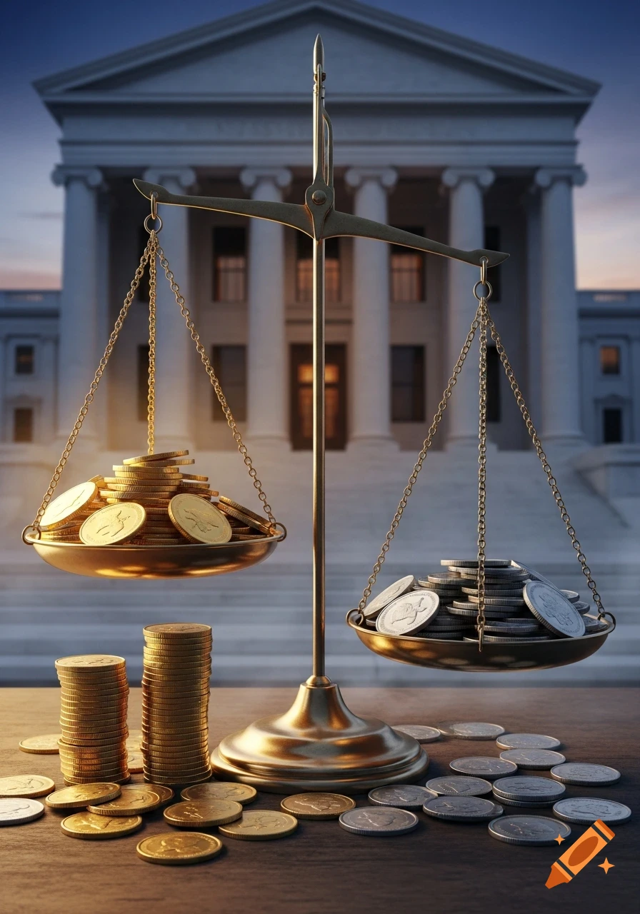 Photorealistic image of a golden judicial scale with stacks of gold and silver coins, set against a courthouse building.