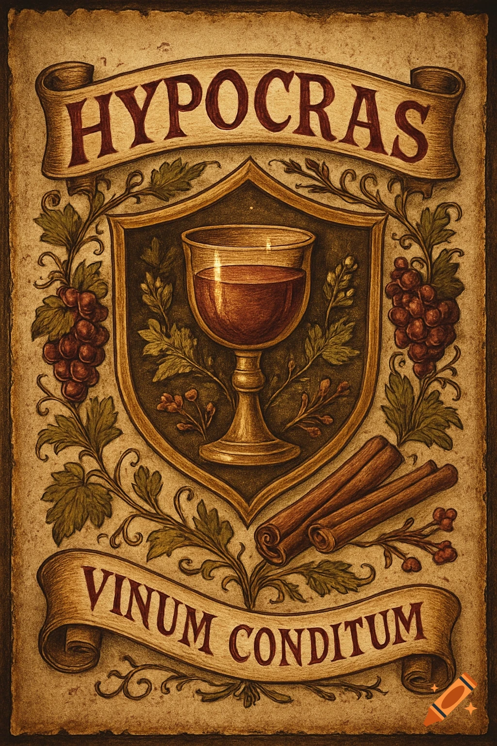 A vintage medieval wine label for 'Hypocras' and 'Vinum Conditum' with a goblet, grapes, and cinnamon sticks.