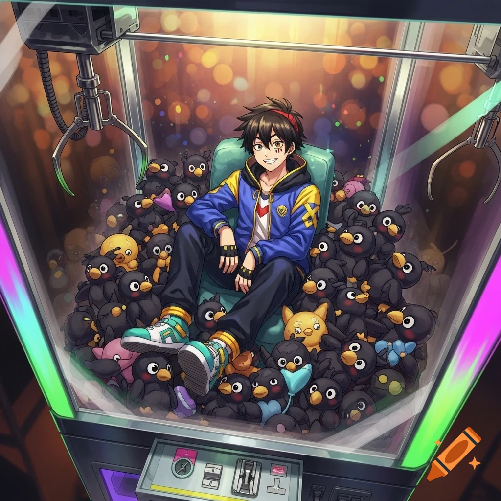 An anime boy with dark hair and a blue jacket sits in a claw machine surrounded by black bird plushies.