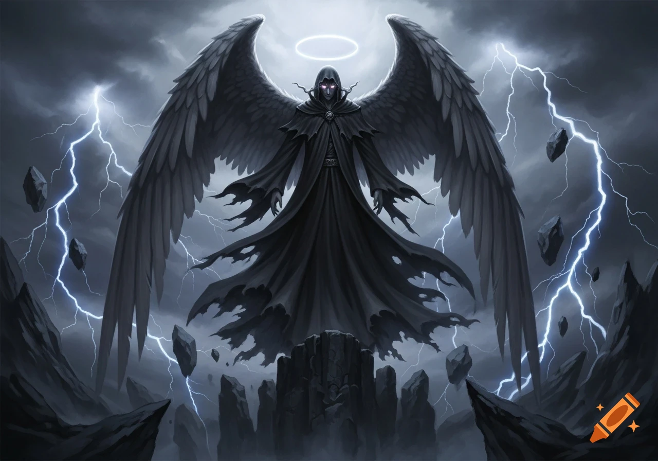 Anime dark angel with large black wings, hooded robe, glowing red eyes, and halo in a lightning storm with floating rocks.