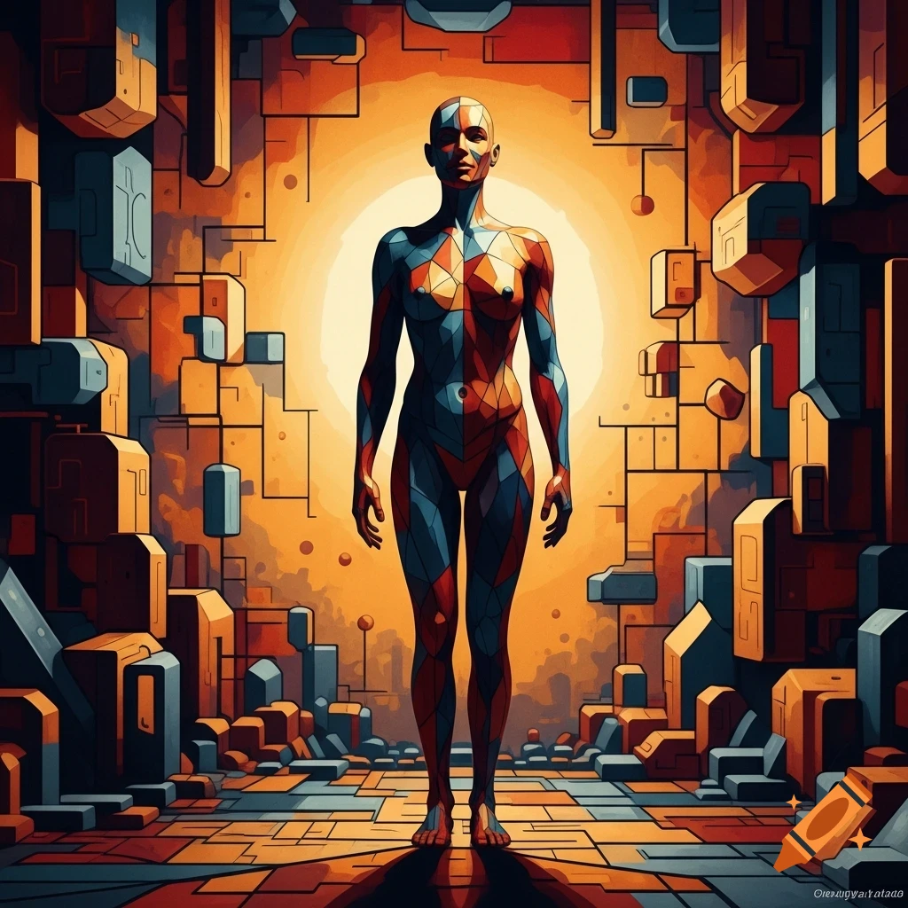 A stylized cubist figure with geometric patterns in red and blue stands in a futuristic, blocky architectural landscape under a bright sun.