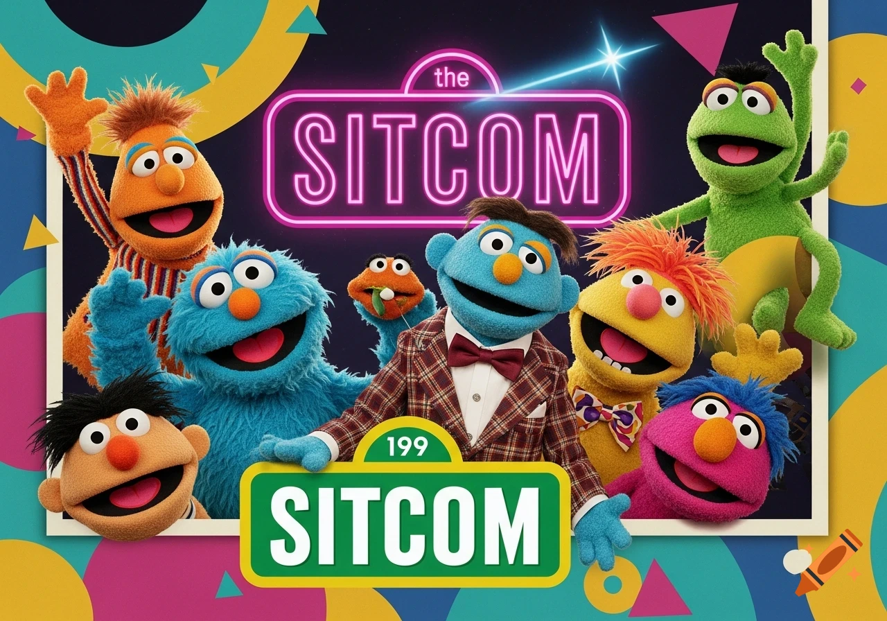 Muppet-style puppets on a colorful, retro-themed background with neon 'the SITCOM' and green '199 SITCOM' logos.