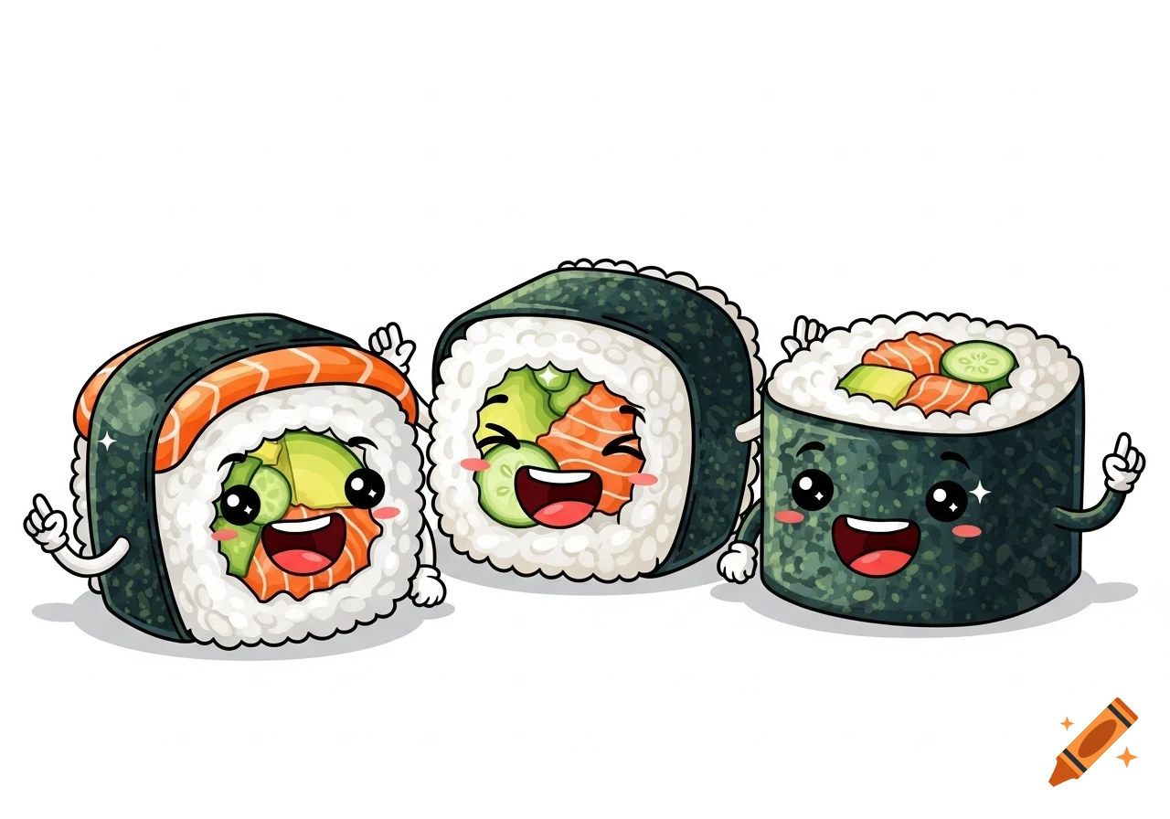 Three happy, anthropomorphic sushi rolls with wide smiles and small arms, rendered in a colorful vector art style.