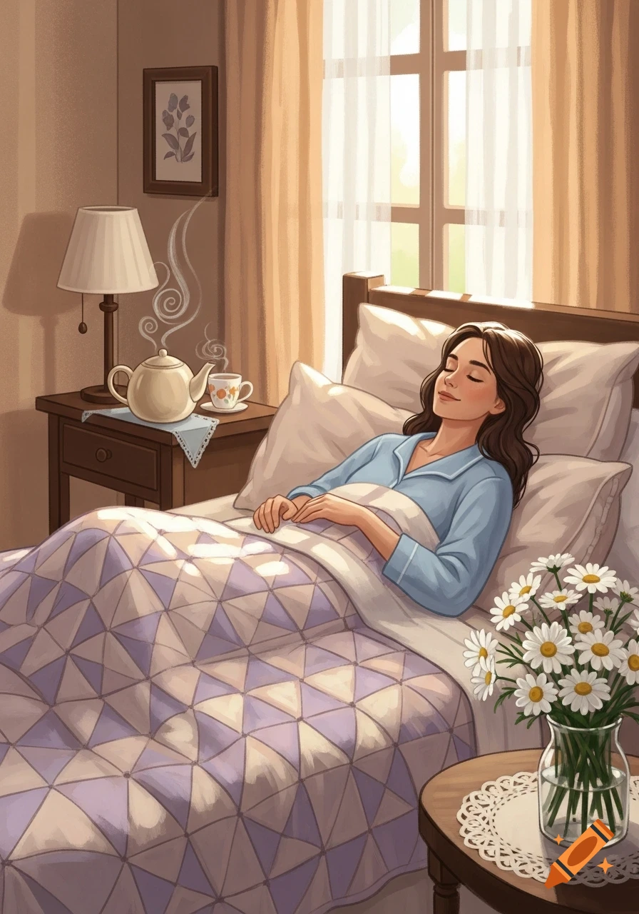 Illustrated scene of a woman sleeping peacefully in a cozy bedroom with sunlight, a teapot, and daisies.