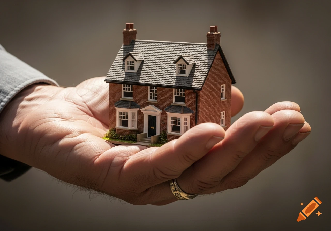 A large hand gently cradles a miniature brick house with a grey roof and white windows, set against a dark, blurred background.