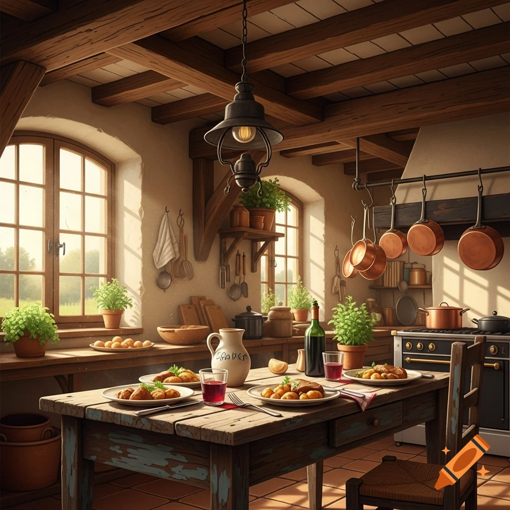 A rustic kitchen with exposed wooden beams, large windows, a set dining table with food and drinks, and copper pots hanging above a stove.