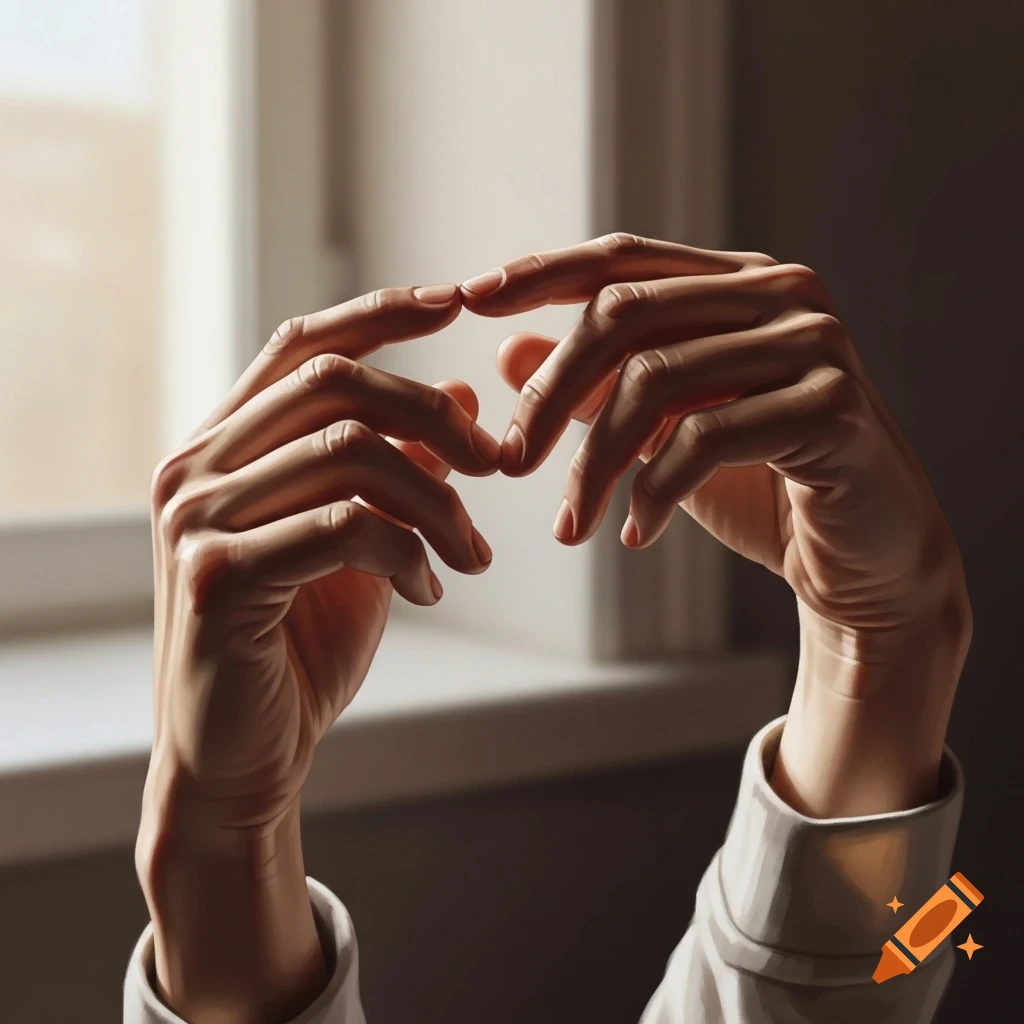 Close-up of two human hands with fingers almost touching, bathed in soft light against a blurred window background.