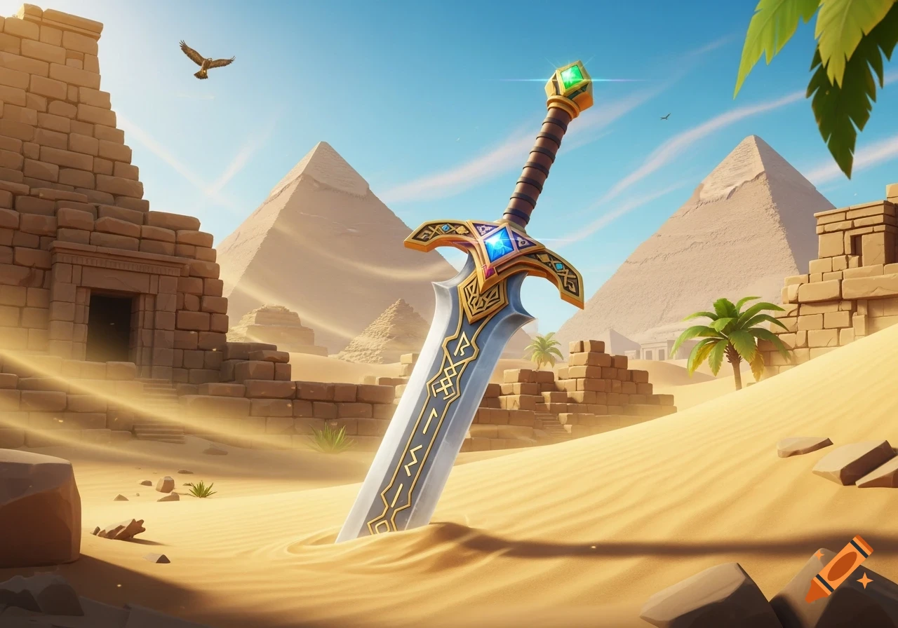 A stylized fantasy sword, with a brown hilt and gold crossguard, plunged into golden sand in a desert with ancient pyramids and ruins under a clear blue sky. A bird flies above.