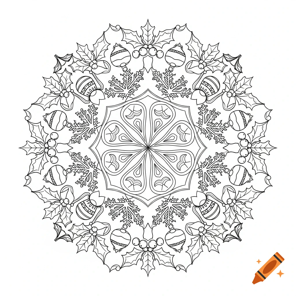 Black and white Christmas mandala coloring page featuring holly, berries, snowflakes, and striped ornaments.