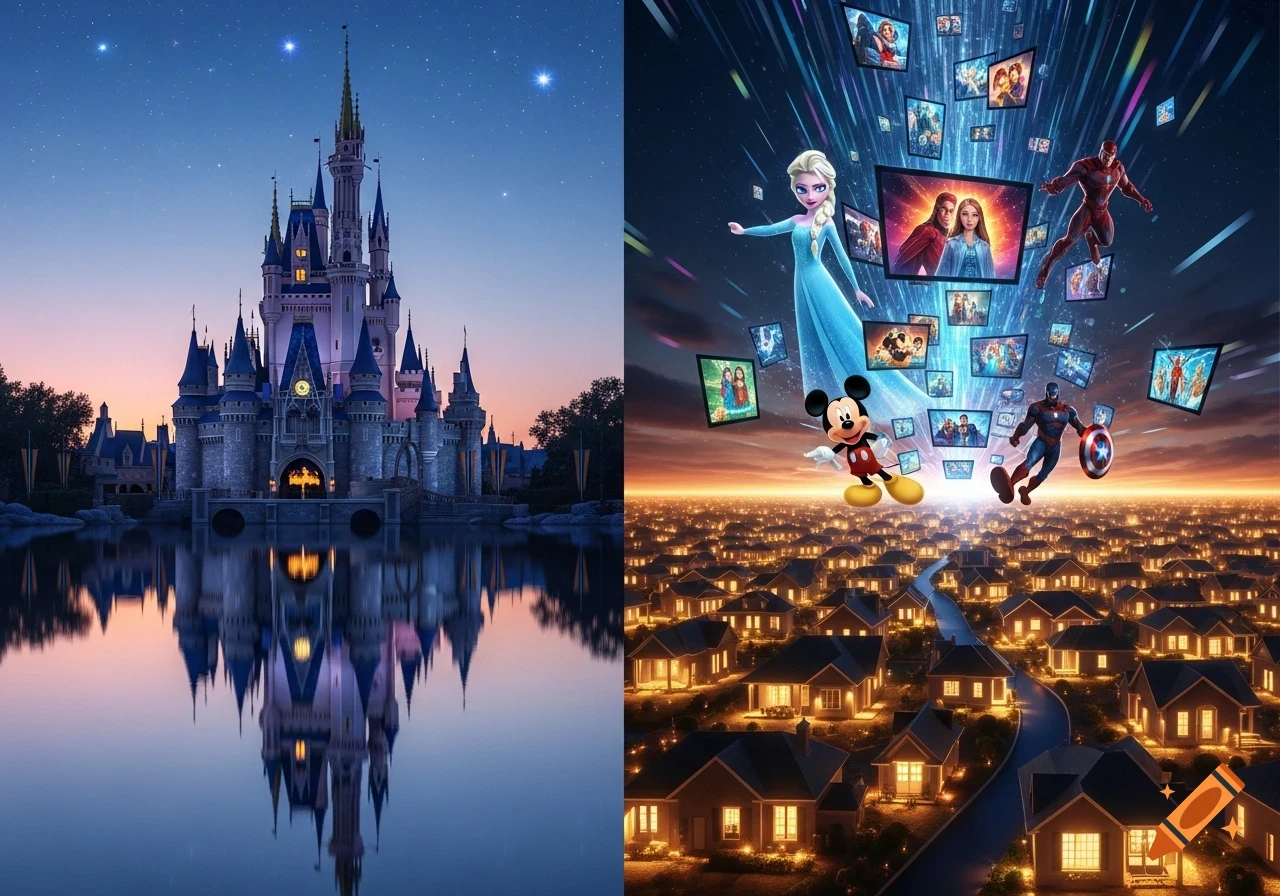 A split image: Cinderella's Castle at dusk on the left, and Elsa, Mickey, Iron Man, and Captain America with floating screens over a city on the right.